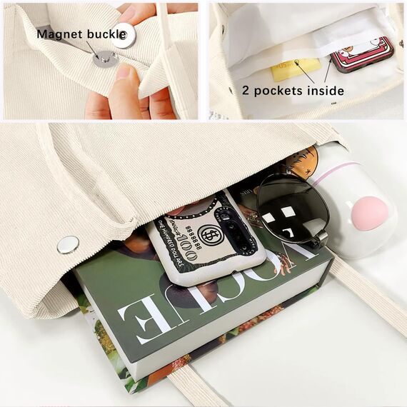 Bikasun Groß Umhängetasche Damen Cord Schultertasche Strandtasche Cord Tasche Crossbody Tasche Shopper Tote Bag Einkaufstasche Handtasche Shopper für Arbeit Einkaufen Schule, Beige 02