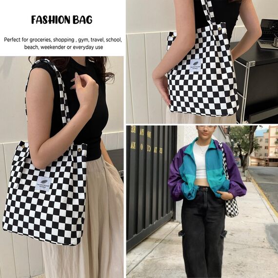 Bikasun Groß Umhängetasche Damen Cord Schultertasche Strandtasche Cord Tasche Crossbody Tasche Shopper Tote Bag Einkaufstasche Handtasche Shopper für Einkaufen Schule Schachbrettmuster