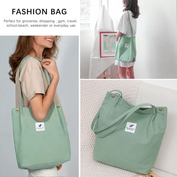 Bikasun Cord Umhängetasche Damen, Groß Schultertasche Cord Tasche Lässige Tote Bag Handtasche, Strandtasche Shopper Einkaufstasche, Stofftasche für Alltag, Büro, Schulausflug, Hellgrün