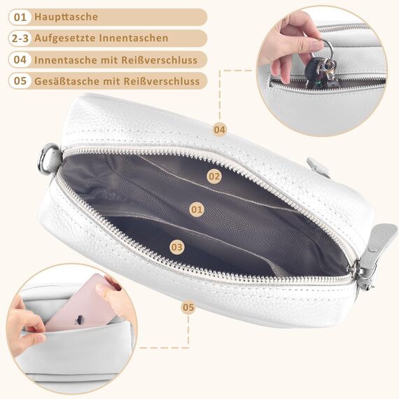 BROTOU Kleine Umhängetasche Echtes Leder Crossbody Bag Damen mit 2 Breitem Schultergurt Kartenhalter,Handtasche Leder Handy Umhängetasche Kleine Tasche Damen mit 3 Fächern(S-Weiß)