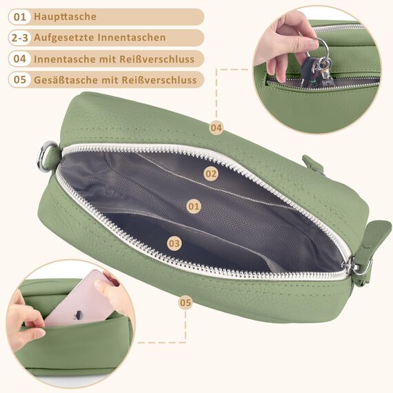 BROTOU Umhängetasche Damen Echtes Leder,Crossbody Bag Damen mit 2 Breitem Schultergurt Kartenhalter,Handtasche Leder Small handbag,Kleine Tasche Damen mit 3 Fächern (S-Grün)