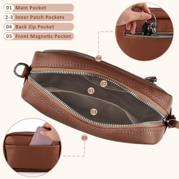 BROTOU Umhängetasche Damen Echtes Leder Crossbody Bag mit 2 Breitem Schultergurt Kartenhalter,Handtasche Leder Handy Umhängetasche Kleine Tasche Damen mit 3 Fächern(Rotbraun)