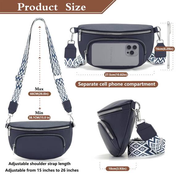Rorimyth Bauchtasche Damen Dunkelblau Umhängetasche Damen Klein Veganes Leder Handtasche Crossbody Bag Gürteltasche Brusttasche Hüfttasche