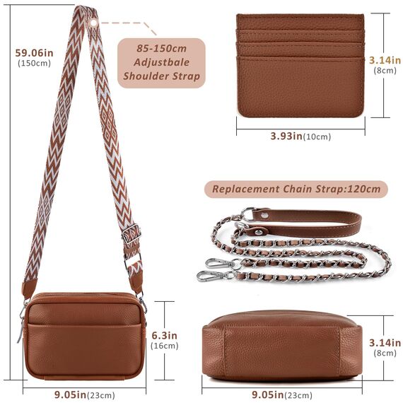 BROTOU Umhängetasche Damen Echtes Leder Crossbody Bag mit 2 Breitem Schultergurt Kartenhalter,Handtasche Leder Handy Umhängetasche Kleine Tasche Damen mit 3 Fächern(Rotbraun)