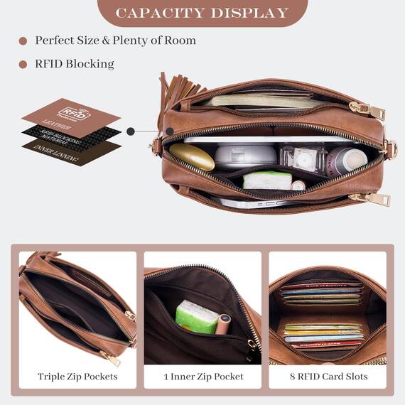 Roulens Damen Handy Umhängetasche,Veganem Leder Crossbody Schultertasche,Breiter Riemen Abendtasche mit drei Reißverschlussfächern Handtaschemit mit Kartenschlitz Verstellbar Abnehmbar Schultergurt