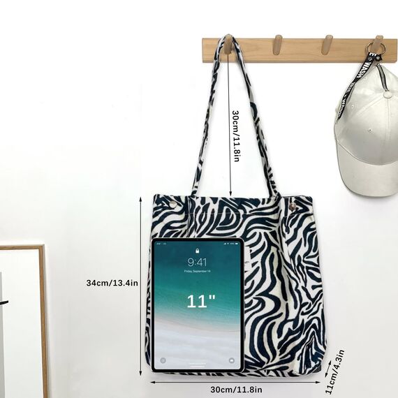 Bikasun Groß Umhängetasche Damen Cord Schultertasche Strandtasche Cord Tasche Crossbody Tasche Shopper Tote Bag Einkaufstasche Handtasche Shopper für Arbeit Einkaufen Schule Zebras