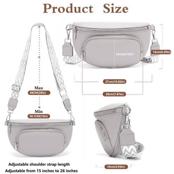 Rorimyth kleine Bauchtasche Damen Hellgrau umhängetasche Damen klein Veganes Leder gürteltasche Handtasche Crossbody Bag