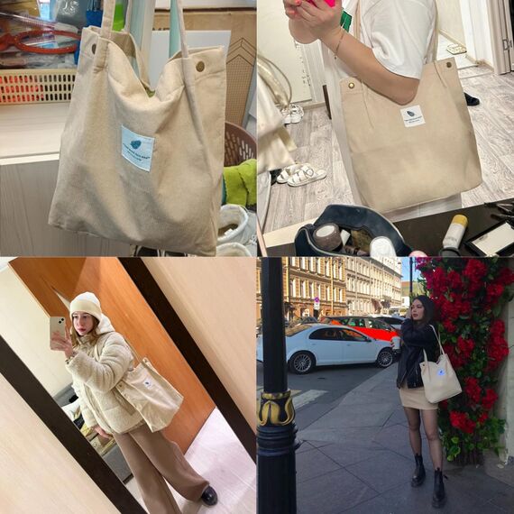 Bikasun Groß Umhängetasche Damen Cord Schultertasche Strandtasche Cord Tasche Crossbody Tasche Shopper Tote Bag Einkaufstasche Handtasche Shopper für Arbeit Einkaufen Schule, Beige 02