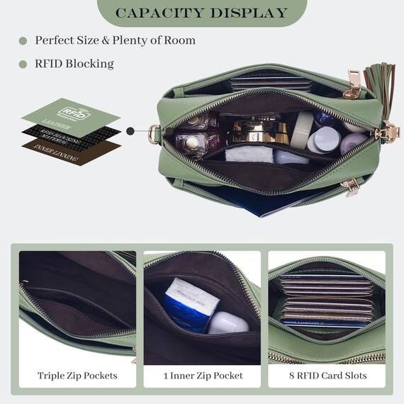 Roulens Damen Handy Umhängetasche,Veganem Leder Crossbody Schultertasche,Breiter Riemen Abendtasche mit drei Reißverschlussfächern Handtaschemit mit Kartenschlitz Verstellbar Abnehmbar Schultergurt