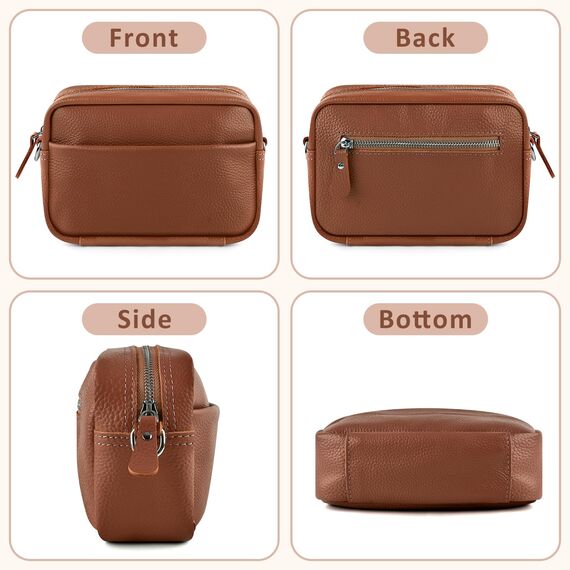 BROTOU Umhängetasche Damen Echtes Leder Crossbody Bag mit 2 Breitem Schultergurt Kartenhalter,Handtasche Leder Handy Umhängetasche Kleine Tasche Damen mit 3 Fächern(Rotbraun)