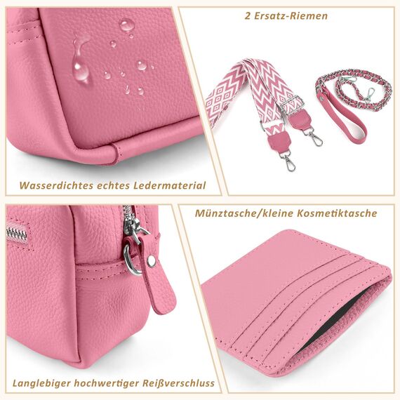 BROTOU Umhängetasche Damen Echtes Leder Crossbody Bag Damen mit 2 Breitem Schultergurt Kartenhalter,Handtasche Damen Leder Handy Umhängetasche Damen,Kleine Tasche Damen mit 3 Fächern(Hellrosa)