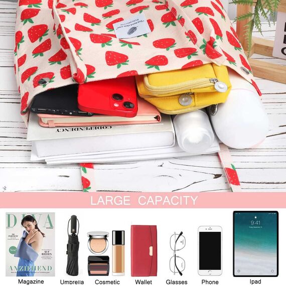 Bikasun Groß Umhängetasche Damen Cord Schultertasche Strandtasche Cord Tasche Crossbody Tasche Shopper Tote Bag Einkaufstasche Handtasche Shopper für Einkaufen Schule Erdbeere