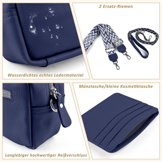 BROTOU Umhängetasche Damen Echtes Leder Crossbody Bag Damen mit 2 Breitem Schultergurt Kartenhalter,Handtasche Damen Leder Handy Umhängetasche Damen,Kleine Tasche Damen mit 3 Fächern(Dunkelblau)