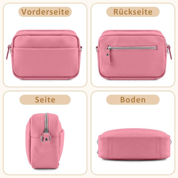 BROTOU Umhängetasche Damen Echtes Leder Crossbody Bag Damen mit 2 Breitem Schultergurt Kartenhalter,Handtasche Damen Leder Handy Umhängetasche Damen,Kleine Tasche Damen mit 3 Fächern(Hellrosa)