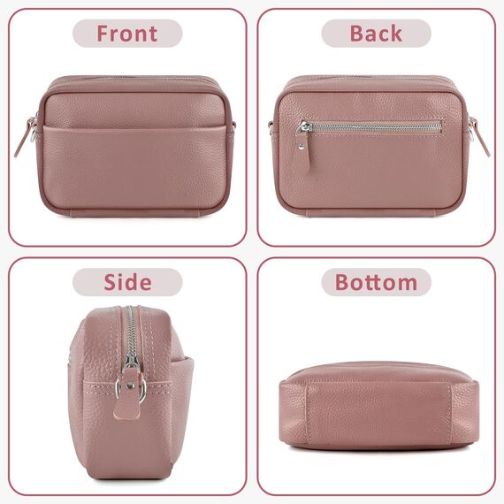 BROTOU Umhängetasche Damen Echtes Leder Crossbody Bag mit 2 Breitem Schultergurt Kartenhalter,Handtasche Leder Handy Umhängetasche, Kleine Tasche Damen mit 3 Fächern(Dunkelrosa)