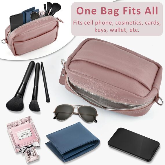 BROTOU Umhängetasche Damen Echtes Leder Crossbody Bag mit 2 Breitem Schultergurt Kartenhalter,Handtasche Leder Handy Umhängetasche, Kleine Tasche Damen mit 3 Fächern(Dunkelrosa)