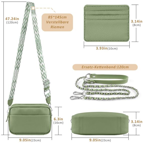 BROTOU Umhängetasche Damen Echtes Leder,Crossbody Bag Damen mit 2 Breitem Schultergurt Kartenhalter,Handtasche Leder Small handbag,Kleine Tasche Damen mit 3 Fächern (S-Grün)