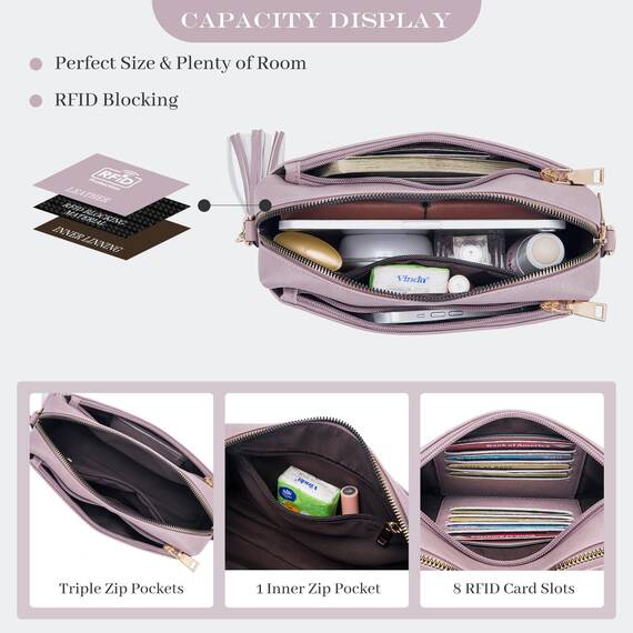 Roulens Damen Handy Umhängetasche,Veganem Leder Crossbody Schultertasche,Breiter Riemen Abendtasche mit drei Reißverschlussfächern Handtaschemit mit Kartenschlitz Verstellbar Abnehmbar Schultergurt