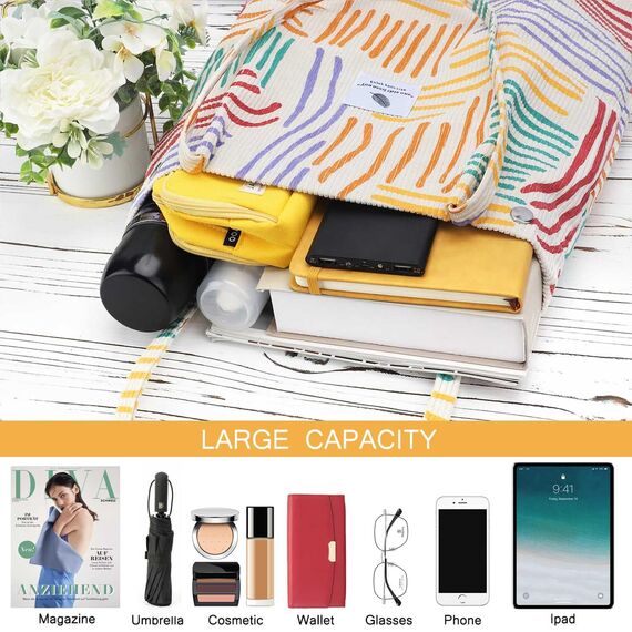 Bikasun Groß Umhängetasche Damen Cord Schultertasche Strandtasche Cord Tasche Crossbody Tasche Shopper Tote Bag Einkaufstasche Handtasche Shopper für Arbeit Einkaufen Schule, Bunt Gestreift