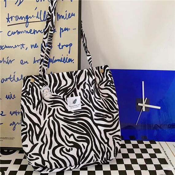 Bikasun Groß Umhängetasche Damen Cord Schultertasche Strandtasche Cord Tasche Crossbody Tasche Shopper Tote Bag Einkaufstasche Handtasche Shopper für Arbeit Einkaufen Schule Zebras