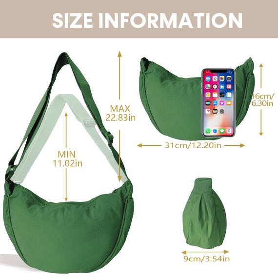 GoPaw Damen Halbmond Crossbody Schultertasche, Hobo Halfmoon Bag, Nylon Crossbody Bag Damen Halbmond Schultertasche mit verstellbarer Schultergurt, Einfarbige(Grün)
