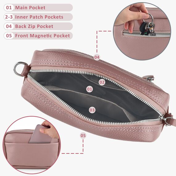 BROTOU Umhängetasche Damen Echtes Leder Crossbody Bag mit 2 Breitem Schultergurt Kartenhalter,Handtasche Leder Handy Umhängetasche, Kleine Tasche Damen mit 3 Fächern(Dunkelrosa)