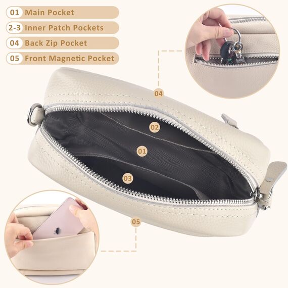 BROTOU Damen Echtes Leder Umhängetasche Crossbody Bag mit 2 Breitem Schultergurt Kartenhalter, Kleine Umhängetasche Damen mit 3 Fächern (S-Beige)