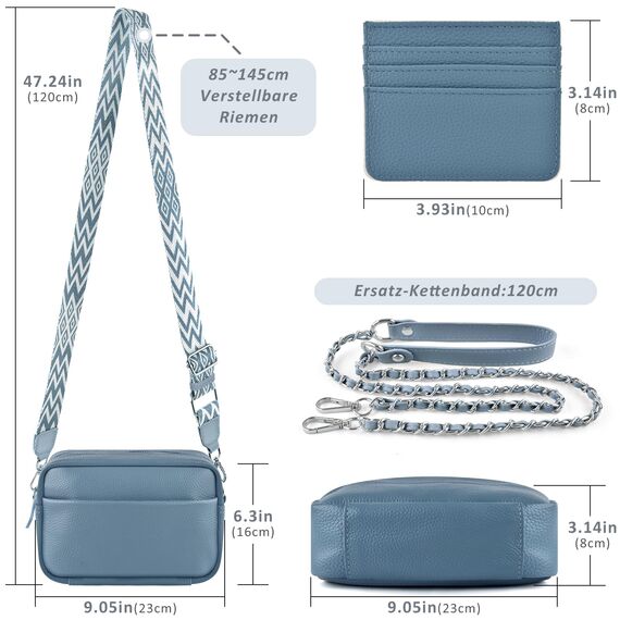 BROTOU Kleine Umhängetasche Echtes Leder Crossbody Bag Damen mit 2 Breitem Schultergurt Kartenhalter,Handtasche Leder Handy Umhängetasche Kleine Tasche Damen mit 3 Fächern(S-Marineblau)
