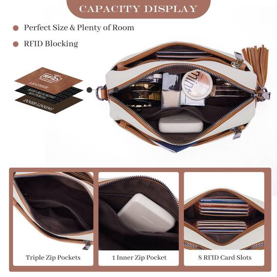 Roulens Damen Handy Umhängetasche,Veganem Leder Crossbody Schultertasche,Breiter Riemen Abendtasche mit drei Reißverschlussfächern Handtaschemit mit Kartenschlitz Verstellbar Abnehmbar Schultergurt