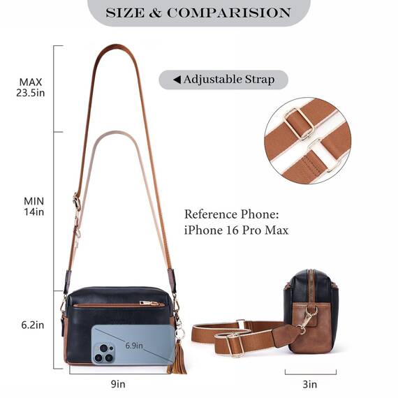 Roulens Damen Handy Umhängetasche,Veganem Leder Crossbody Schultertasche,Breiter Riemen Abendtasche mit drei Reißverschlussfächern Handtaschemit mit Kartenschlitz Verstellbar Abnehmbar Schultergurt