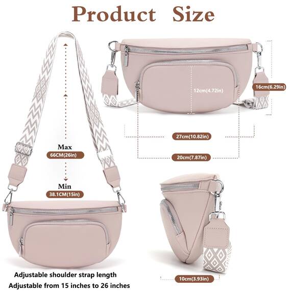 Rorimyth kleine Bauchtasche Damen Hellrosa umhängetasche Damen klein Veganes Leder gürteltasche Handtasche Crossbody Bag