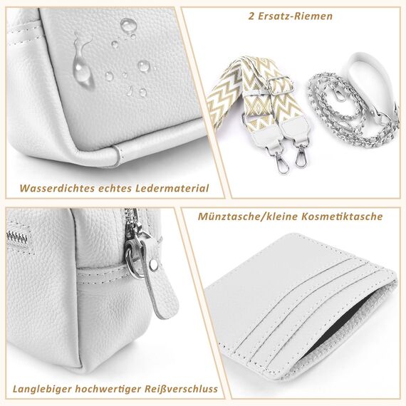BROTOU Kleine Umhängetasche Echtes Leder Crossbody Bag Damen mit 2 Breitem Schultergurt Kartenhalter,Handtasche Leder Handy Umhängetasche Kleine Tasche Damen mit 3 Fächern(S-Weiß)