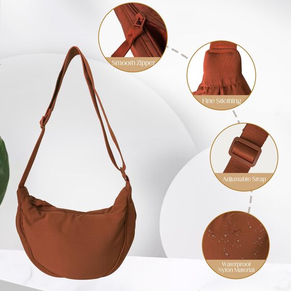 GoPaw Damen Halbmond Crossbody Schultertasche, Hobo Halfmoon Bag, Nylon Crossbody Bag Damen Halbmond Schultertasche mit verstellbarer Schultergurt, Einfarbige(Braun)