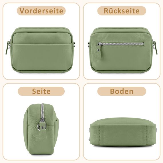 BROTOU Umhängetasche Damen Echtes Leder,Crossbody Bag Damen mit 2 Breitem Schultergurt Kartenhalter,Handtasche Leder Small handbag,Kleine Tasche Damen mit 3 Fächern (S-Grün)
