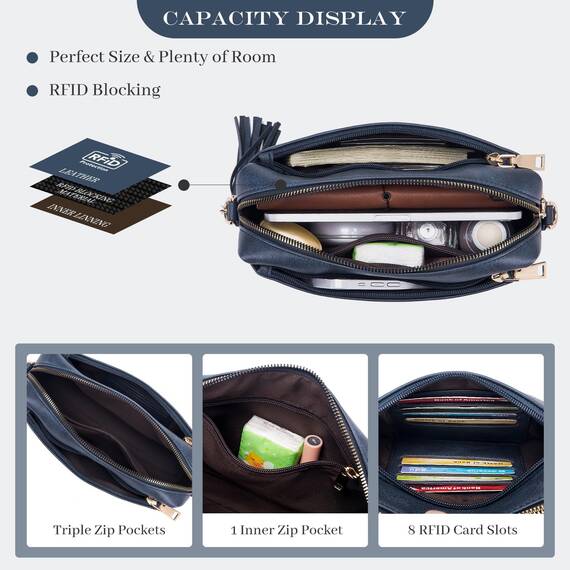 Roulens Damen Handy Umhängetasche,Veganem Leder Crossbody Schultertasche,Breiter Riemen Abendtasche mit drei Reißverschlussfächern Handtaschemit mit Kartenschlitz Verstellbar Abnehmbar Schultergurt