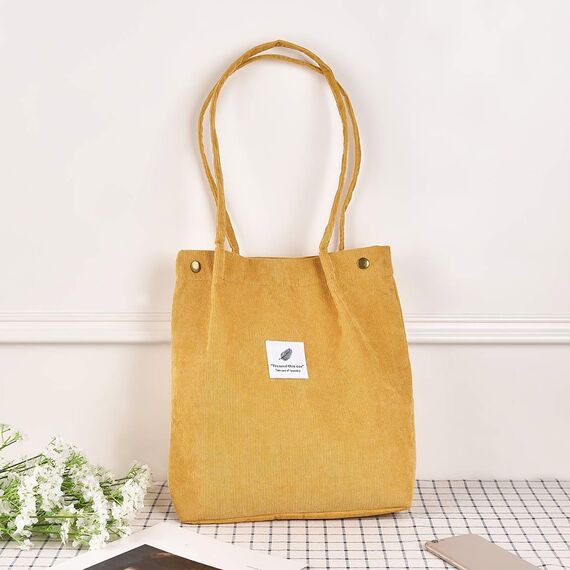Bikasun Cord Umhängetasche Damen, Groß Schultertasche Cord Tasche Lässige Tote Bag Handtasche, Strandtasche Shopper Einkaufstasche, Stofftasche für Alltag, Büro, Schulausflug, Gelb