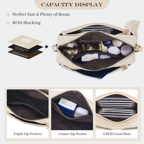 Roulens Damen Handy Umhängetasche,Veganem Leder Crossbody Schultertasche,Breiter Riemen Abendtasche mit drei Reißverschlussfächern Handtaschemit mit Kartenschlitz Verstellbar Abnehmbar Schultergurt