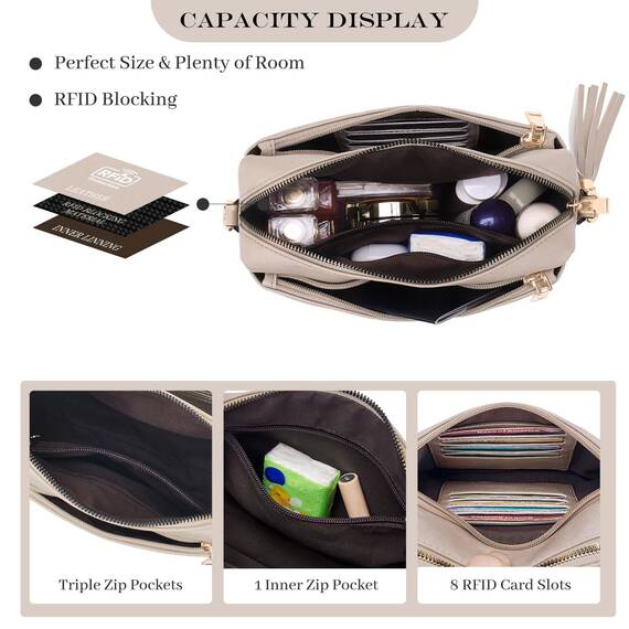 Roulens Damen Handy Umhängetasche,Veganem Leder Crossbody Schultertasche,Breiter Riemen Abendtasche mit drei Reißverschlussfächern Handtasche mit Kartenschlitz Verstellbar Abnehmbar Schultergurt