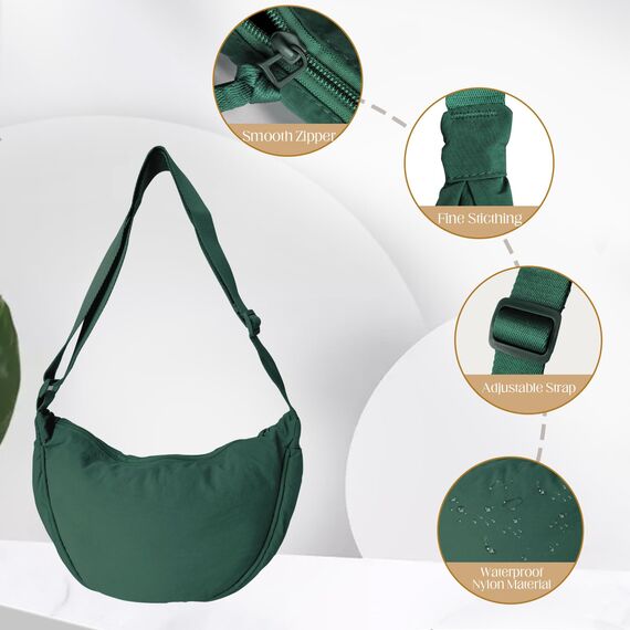 GoPaw Damen Halbmond Crossbody Schultertasche, Hobo Halfmoon Bag, Nylon Crossbody Bag Damen Halbmond Schultertasche mit verstellbarer Schultergurt, Einfarbige(Dunkelgrün)