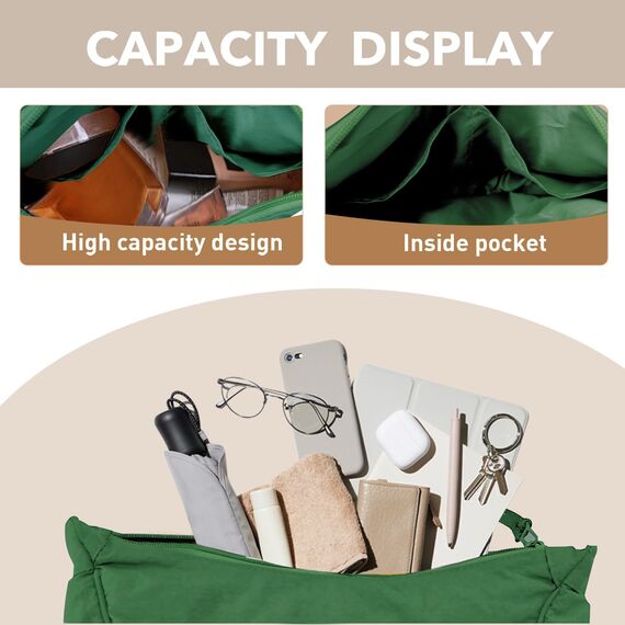 GoPaw Damen Halbmond Crossbody Schultertasche, Hobo Halfmoon Bag, Nylon Crossbody Bag Damen Halbmond Schultertasche mit verstellbarer Schultergurt, Einfarbige(Grün)