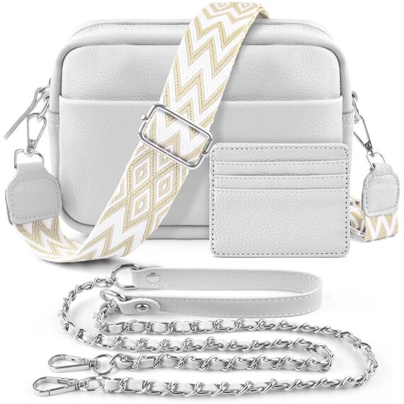 BROTOU Kleine Umhängetasche Echtes Leder Crossbody Bag Damen mit 2 Breitem Schultergurt Kartenhalter,Handtasche Leder Handy Umhängetasche Kleine Tasche Damen mit 3 Fächern(S-Weiß)