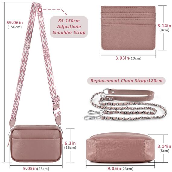 BROTOU Umhängetasche Damen Echtes Leder Crossbody Bag mit 2 Breitem Schultergurt Kartenhalter,Handtasche Leder Handy Umhängetasche, Kleine Tasche Damen mit 3 Fächern(Dunkelrosa)