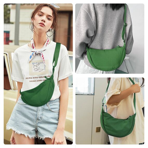 GoPaw Damen Halbmond Crossbody Schultertasche, Hobo Halfmoon Bag, Nylon Crossbody Bag Damen Halbmond Schultertasche mit verstellbarer Schultergurt, Einfarbige(Grün)