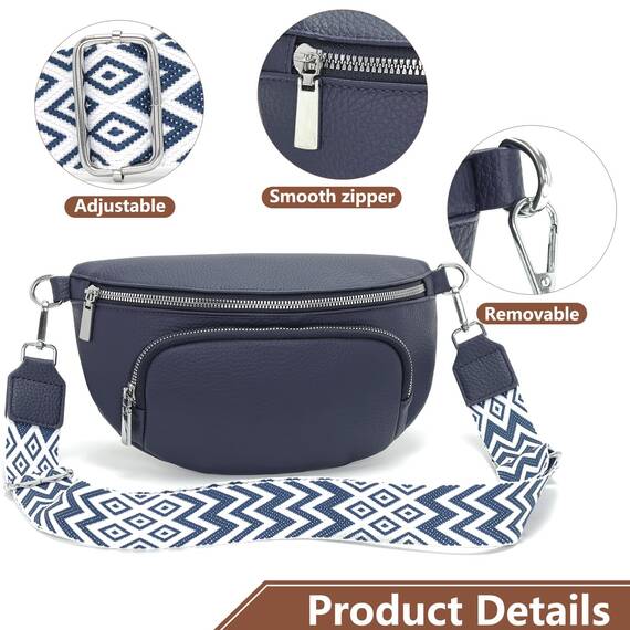 Rorimyth Bauchtasche Damen Dunkelblau Umhängetasche Damen Klein Veganes Leder Handtasche Crossbody Bag Gürteltasche Brusttasche Hüfttasche