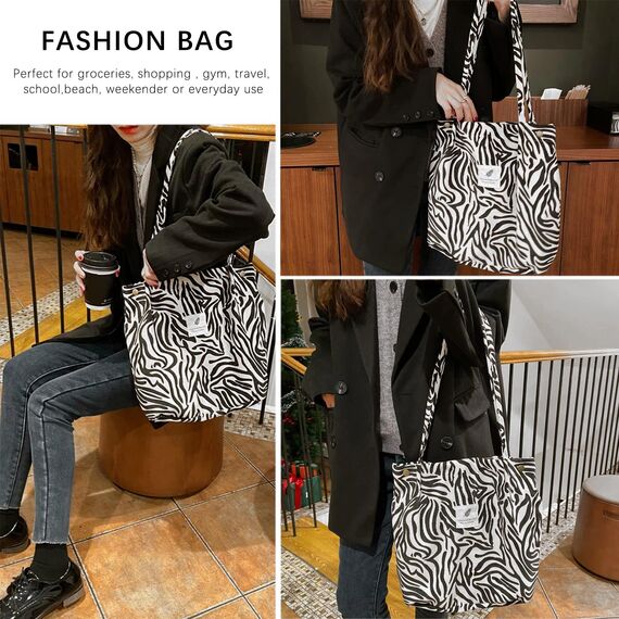 Bikasun Groß Umhängetasche Damen Cord Schultertasche Strandtasche Cord Tasche Crossbody Tasche Shopper Tote Bag Einkaufstasche Handtasche Shopper für Arbeit Einkaufen Schule Zebras
