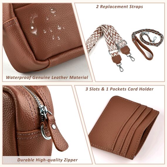 BROTOU Umhängetasche Damen Echtes Leder Crossbody Bag mit 2 Breitem Schultergurt Kartenhalter,Handtasche Leder Handy Umhängetasche Kleine Tasche Damen mit 3 Fächern(Rotbraun)