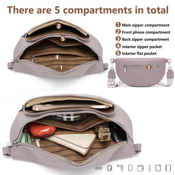 Rorimyth kleine Bauchtasche Damen Grau lila umhängetasche Damen klein Veganes Leder gürteltasche Handtasche Crossbody Bag