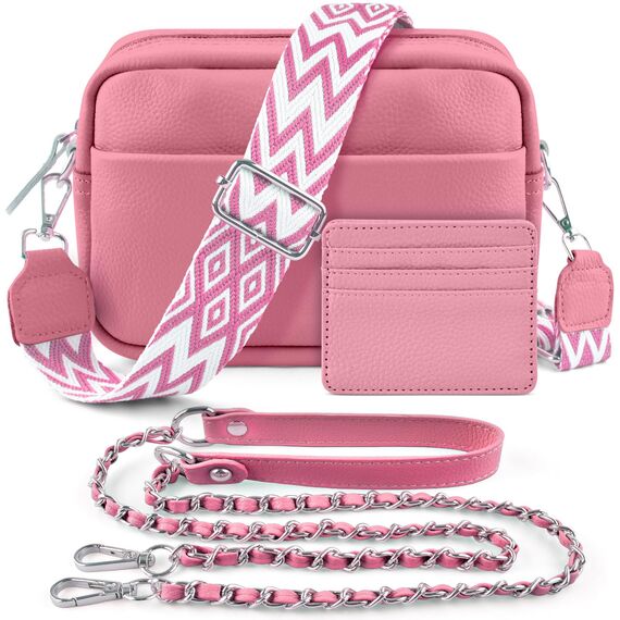 BROTOU Umhängetasche Damen Echtes Leder Crossbody Bag Damen mit 2 Breitem Schultergurt Kartenhalter,Handtasche Damen Leder Handy Umhängetasche Damen,Kleine Tasche Damen mit 3 Fächern(Hellrosa)