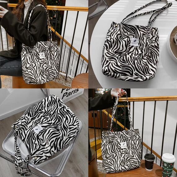 Bikasun Groß Umhängetasche Damen Cord Schultertasche Strandtasche Cord Tasche Crossbody Tasche Shopper Tote Bag Einkaufstasche Handtasche Shopper für Arbeit Einkaufen Schule Zebras