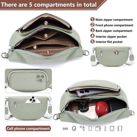 Rorimyth kleine Bauchtasche Damen Hellgrün umhängetasche Damen klein Veganes Leder gürteltasche Handtasche Crossbody Bag